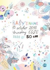 Cute birth poster. Newborn metric. Vector  - 540102836