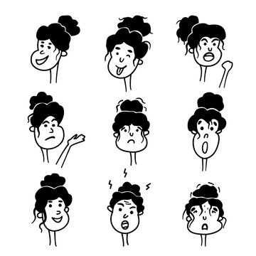 Set of cartoon female faces with different emotions. Funny women's heads. Collection of cliparts for sticker design, animation and video comics. Feelings of joy, sadness, anger, anxiety, surprise.
