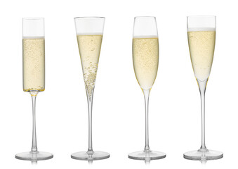 Various luxury crystal handmade champagne glasses on white background.