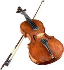 Front View of a Violin with Bow, Isolated