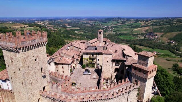 The medieval village of Vigoleno aerial drone video.  View of  castle and small charming village. Emilia Romagna, Italy travel and landmarks
