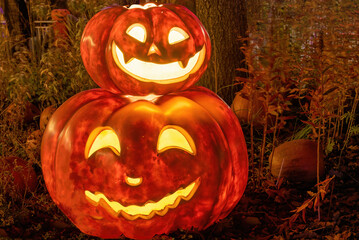 A group of Illuminated Halloween pumpkins 