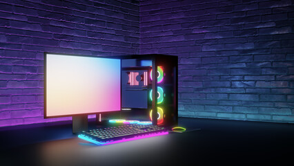 Game room computer desktop with blue purple lights on brick wall, Modern PC computer white screen mockup, gaming keyboard. 3d rendering illustration