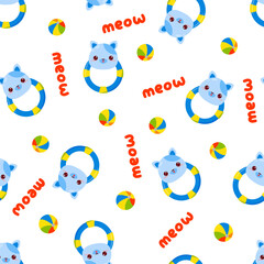 Obraz na płótnie Canvas Seamless pattern with animals on a white background. A pattern with a baby rattle in the form of a cat. Kawaii animals.