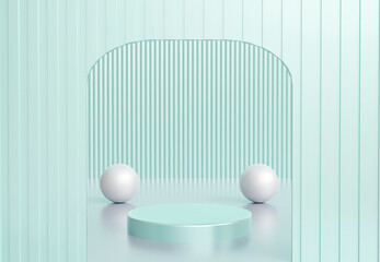 Cyan cylinder podium with decorative panels on cyan background. Stand to show products. Stage showcase with copy space. Pedestal display.  3D rendering.
