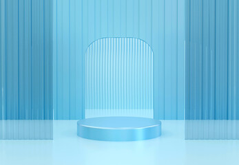 Blue cylinder podium with decorative objects on blue background. Stand to show products. Stage showcase with copy space. Pedestal display.  3D rendering.