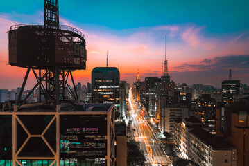 Fototapeta premium View of Sao Paulo City and Paulista Avenue by Sunset
