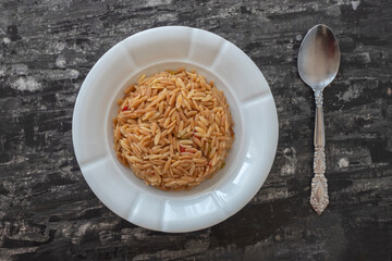 Traditional delicious Turkish dish, barley noodle pilaf (Turkish name; Arpa sehriye pilavi)