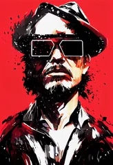 Nahaufnahme eines brutalen Mannes mit Hut und schicker Sonnenbrille. Das Konzept von Mut und Brutalität. © designprojects