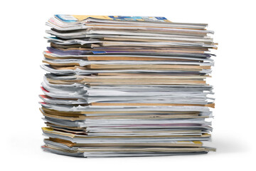 Pile of newspapers on white background