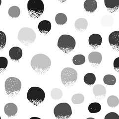Seamless abstract pattern background, polka dots. Black ink stains on white. Fabric print, vector illustration.
