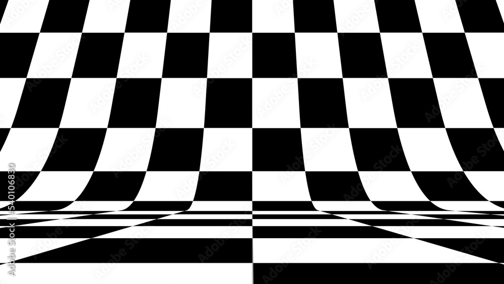 Poster Background of curved geometric black and white checkerboard pattern. 3D rendering of a checkered computer graphics. Flat simple racing flag background made of black and white squares.