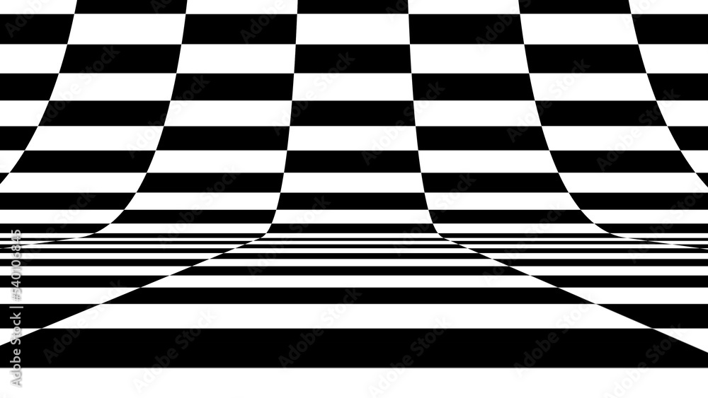 Poster Background of curved black and white checkerboard pattern. 3D rendering of geometric computer graphics. Flat simple background made of black and white stripes or rectangles. Digital design.