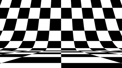 Background of curved geometric black and white checkerboard pattern. 3D rendering of a checkered computer graphics. Flat simple racing flag background made of black and white squares.