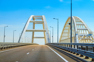 Navigable Arch of the highway and railroad section of the Crimean bridge. Automobile and railroad bridge across the Kerch Strait or Crimean bridge.