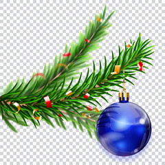 Christmas pine branches, decorated with hanging blue ball and pieces of serpentine, isolated on transparent background