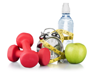 Green alarm clock, apple, bottle of water,  measuring tape and dumbbells as concept of diet - isolated on white