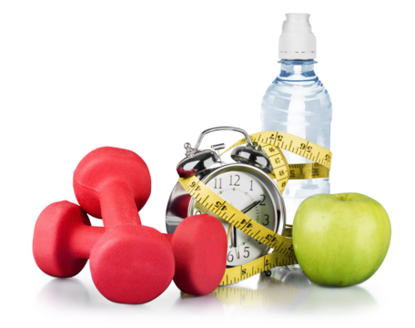 Green alarm clock, apple, bottle of water,  measuring tape and dumbbells as concept of diet - isolated on white