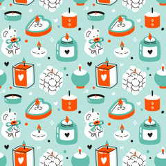 vector seamless background patterns in Scandinavian style,cute winter candles and elements for fabric design, wrapping paper