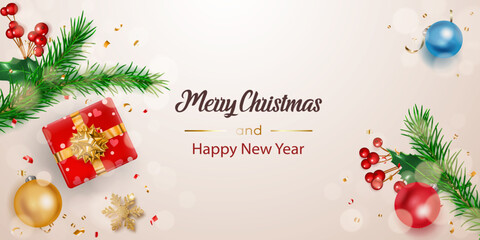 Christmas illustration with New Year pine branches, gift box, golden snowflake, pieces of serpentine, colored balls, holly leaves and red berries, on white background
