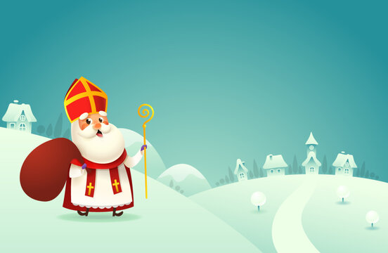 Happy Saint Nicholas day - winter scene greeting card or banner on turquoise background