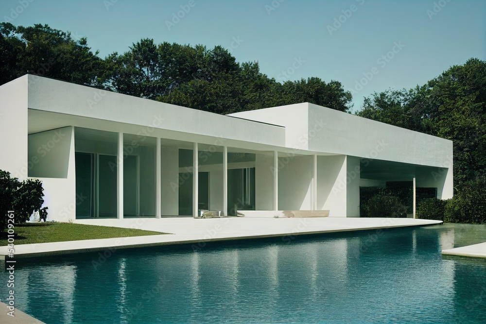 Poster a white house with a pool in front of it, the architecture of a home with an outdoor pool. texture g