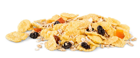 Pile of granola cereal with raisins and nuts isolated on white