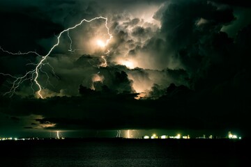 Scenic shot of a lighning strike at night