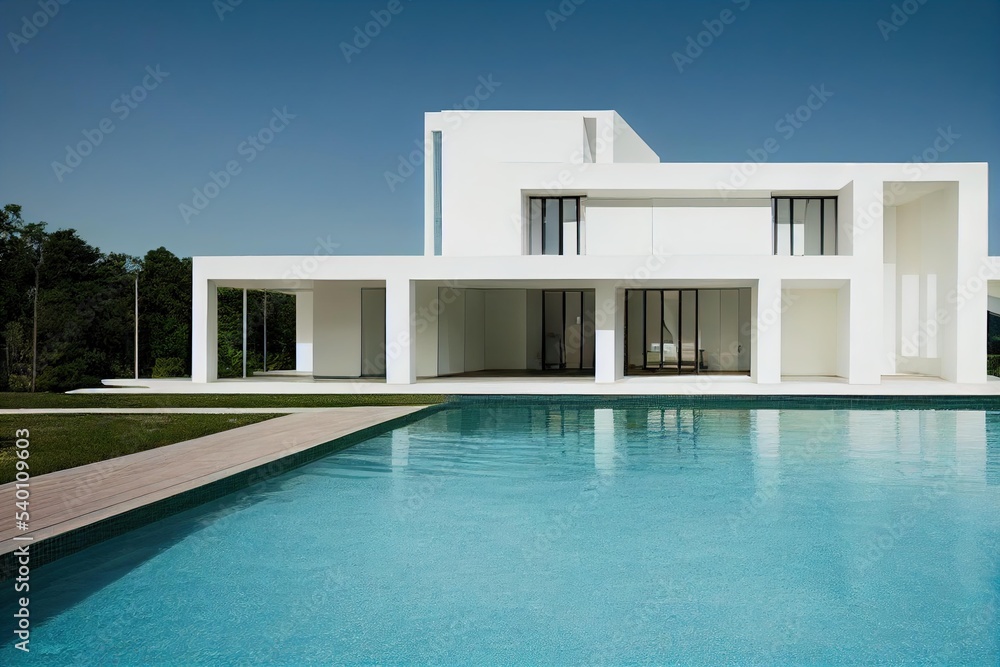 Poster a white house with a pool in front of it, a large white building sitting next to a large pool. textu