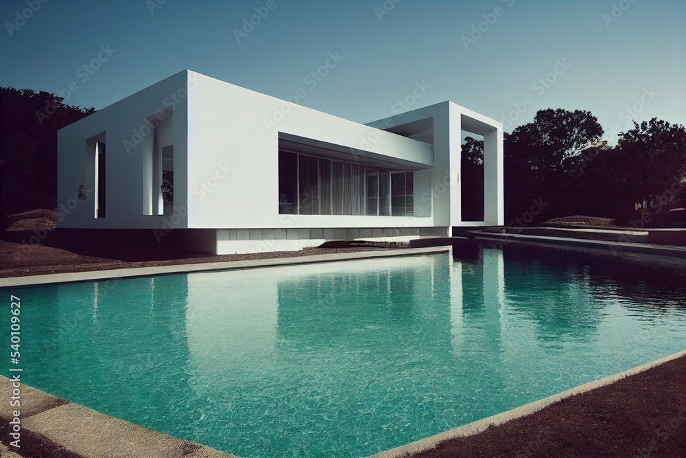 Aufkleber a large pool in front of a white building, a pool is shown next to the house. texture generative ai