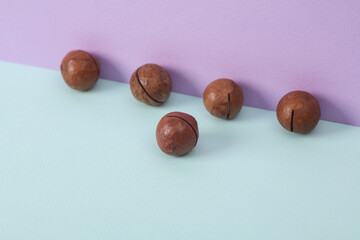 Macadamia nuts on a pastel background. Minimal food concept.