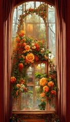 Fototapeta na wymiar Victorian high window with beautiful flowers.