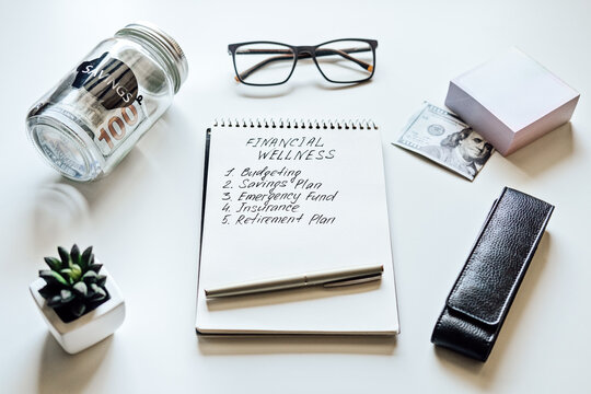 Financial Wellness. Open notepad with text Financial Wellness and list on table with mason jar saving bank, stationery and glasses. Investment in life insurance and healthcare concept