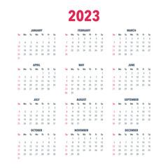 Calendar year 2023 vector illustration template in black and white colors. The week starts on Sunday. Sunday in red. Vector