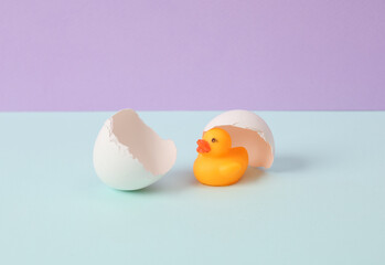 Creative layout. Rubber duck with eggshell on two tone pastel background. Conceptual pop. Minimal still life.