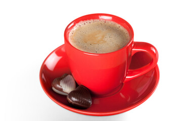 Red coffee cup and chocolate cookies. Isolated on white background