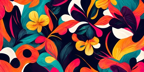 Seamless colorful floral pattern on black background, seamless illustration, spill, tropical, ditsy.