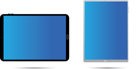 Black and white tablet computers mockups with blue screens. Responsive screens to display your mobile web site design. Vector illustration