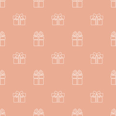 Holiday winter seamless pattern with many gift boxes on the orange background for Christmas and New Year. Endless repeating pattern as wallpaper, fabric print, surface texture, package or gift paper.