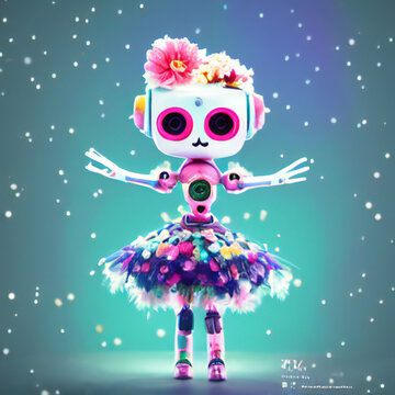 Portrait of a Cute Robot attending the Day of the Dead Festival, wearing flower decorations and Sugar Skull make-up in the style of Dia De Los Muertos