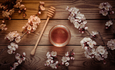 Obraz na płótnie Canvas Honey Bee jar with wooden spoon and beautiful flowering branch on wooden background. Springtime concept