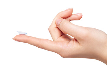 Female hand with contact lens on finger over white background.