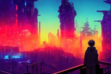 Futuristic cyberpunk city with blue and pink light trail. Concept sci fi downtown at night with skyscraper, highway and billboards. 3D illustration.	