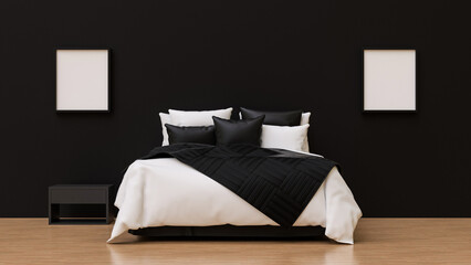 Black and white interior mockup with empty paintings, beautiful interior with bed - 3D illustration