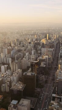 Aerial view of Avenida Paulista (Paulista Avenue) in Sao Paulo city, Brazil. Vertical video.