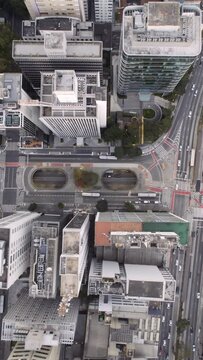 Aerial view of Avenida Paulista (Paulista Avenue) in Sao Paulo city, Brazil. Vertical video.