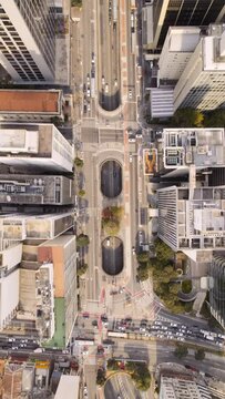 Aerial view of Avenida Paulista (Paulista Avenue) in Sao Paulo city, Brazil. Vertical video.