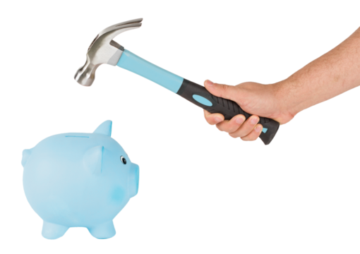 Man holding a hammer and breaking a piggy bank. Using savings concept, PNG isolated on transparent background - Powered by Adobe