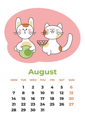 August 2023. Calendar sheet with year symbols eating watermelon. Cartoon vector illustration.