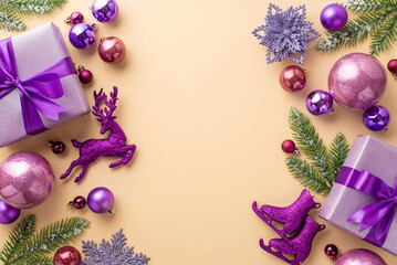 New Year concept. Top view photo of violet gift boxes pink lilac baubles deer ice skates flower ornaments and fir branches in snow on isolated pastel beige background with copyspace
